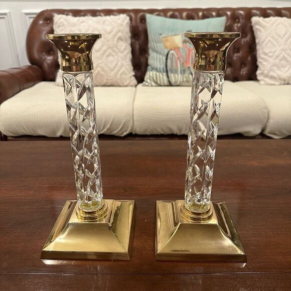 WATERFORD CRYSTAL Cambridge Candle Holders 2-Piece Brass Base‎ Stamped 11” VTG - Picture 1 of 8